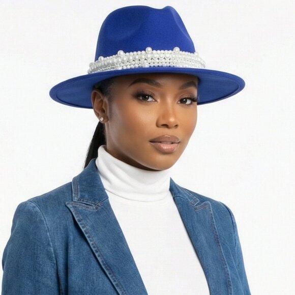 Passion of Essence Accessories - New Style Royal Blue Fashion Fedora Jazz Hat with Wide Pearl Belt